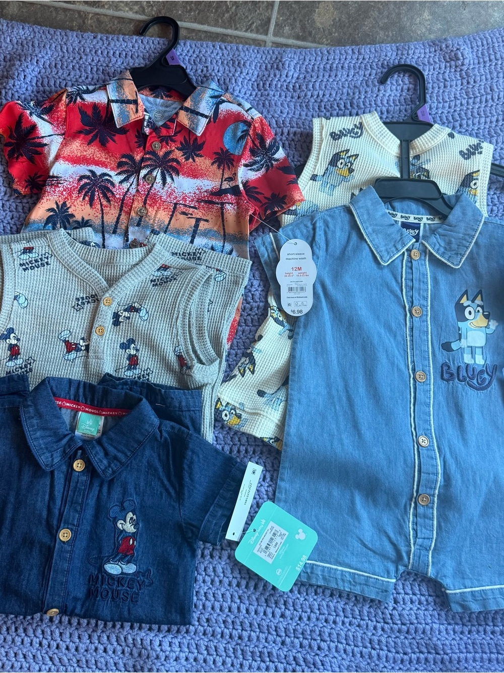 NWT Baby Boy Lot Disney Bluey and Mickey Mouse Denim Button Rompers (9-12+12-18M